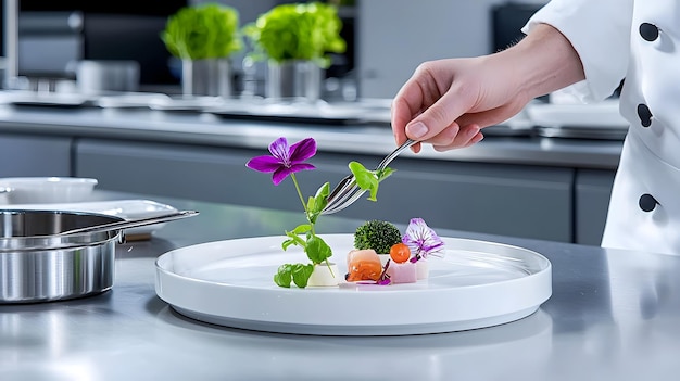 Kucharz przygotowujący danie w jasnej kuchni