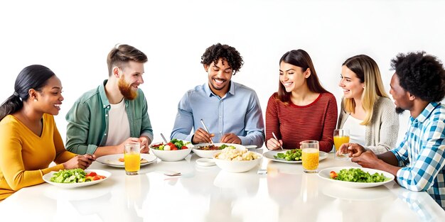 Uśmiechnięci ludzie jedzący przy stole